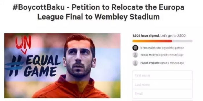 Petisi yang dibuat oleh fan Arsenal yang mengingingkan laga final Liga Europa dipindah ke Stadion Wembley, Henkrikh Mkhitaryan jadi alasannya.