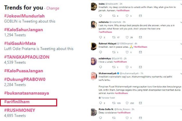 Nama Ustaz Arifin Ilham menjadi salah satu yang trending topic di Twitter