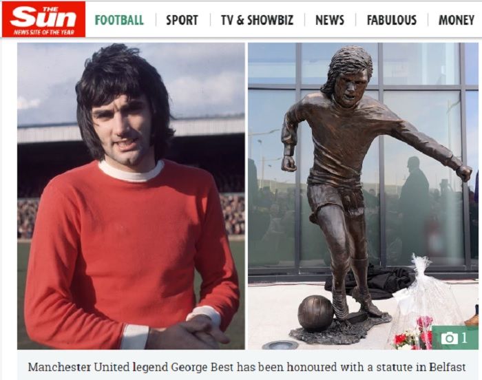 Kolase legenda Manchester United, George Best dan patungnya, yang akan diresmikan saat ulang tahun ke-73 pria asal Irlandia Utara, berbuah cemooh dan hinaaan.