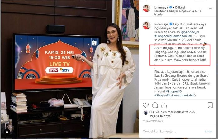 Tangkapan layar unggahan Luna Maya.