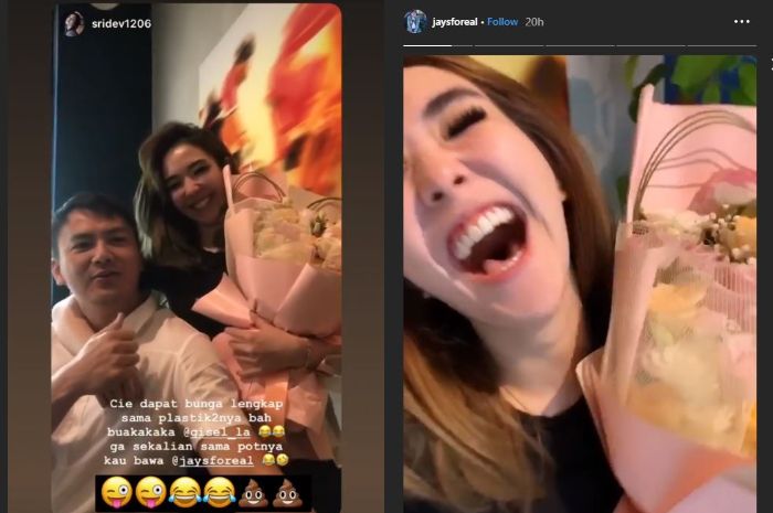 Wajah girang Gisella Anastasia mendapatkan bunga dari Wijin.