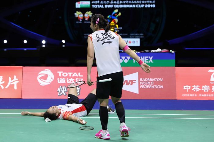 Ganda putri Indonesia, Greysia Polii/Apriyani Rahayu, saat menjalani laga semifinal Piala Sudirman 2019 kontra Jepang, Sabtu (25/5/2019)