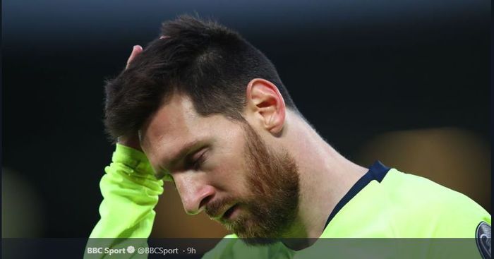 Ekspresi kecewa megabintang FC Barcelona, Lionel Messi, pada leg kedua semifinal Liga Champions 2018-2019 kontra Liverpool.