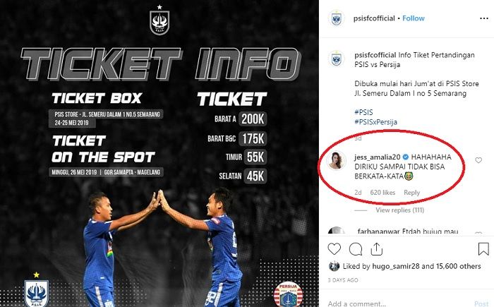 Komentar Jak Angel, Jessie Amalia di salah satu unggahan akun Instagram resmi PSIS Semarang.