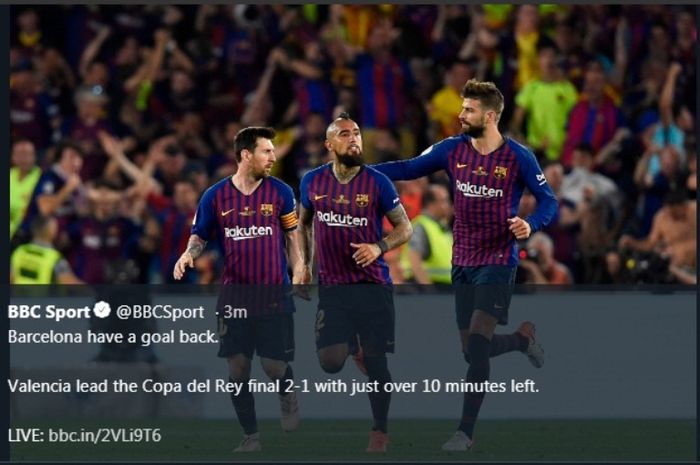 Megabintang Barcelona, Lionel Messi, mencetak satu gol ke gawang Valencia pada final Copa del Rey, Sabtu (25/5/2019).