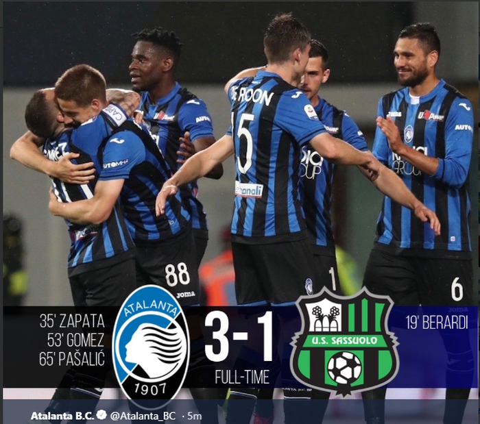 Atalanta, lolos ke Liga Champions musim depan dengan mengalahkan Sassuolo 3-1 pada pekan terakhir Liga Italia, Minggu (26/5/2019) di Bergamo.