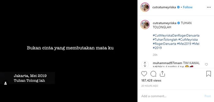 Unggahan Cut Meyriska membalas unggahan Roger Danuarta