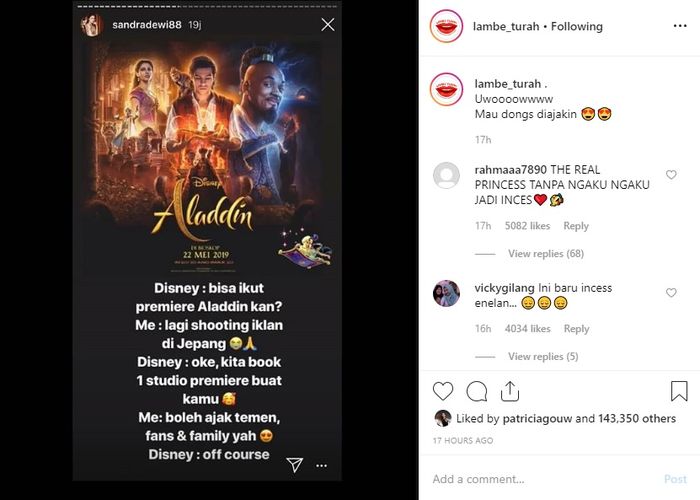 Sandra Dewi disewakan satu studio premiere untuk menonton Aladdin