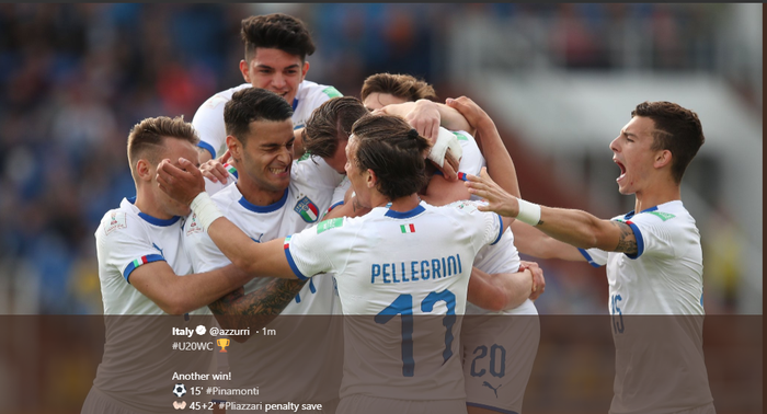 Italia merayakan kemenangan 1-0 atas Ekuador pada laga kedua Grup B Piala Dunia U-20 2019 di Bydgoszcz, Minggu (26/5/2019).