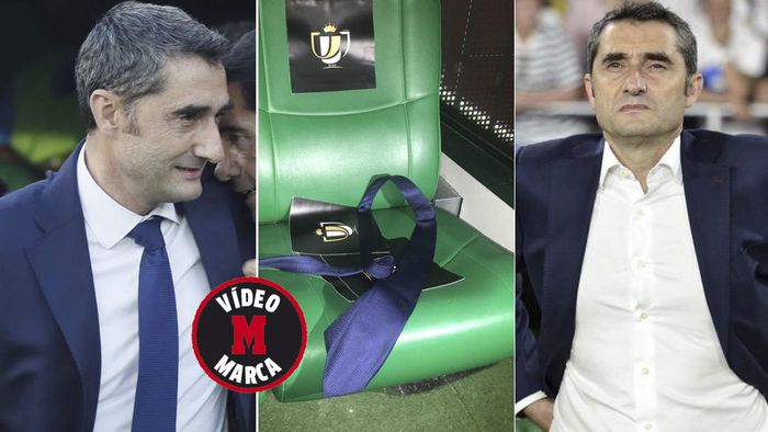 Dasi pelatih Barcelona, Ernesto Valverde, yang tertinggal di stadion pasca-kekalahan dari Valencia pada final Copa del Rey, Sabtu (25/5/2019).