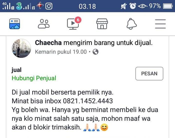 Ingin cepat laku, wanita ini jual mobil beserta dirinya dengan memasang iklan melalui forum jual beli kendaraan di Facebook.