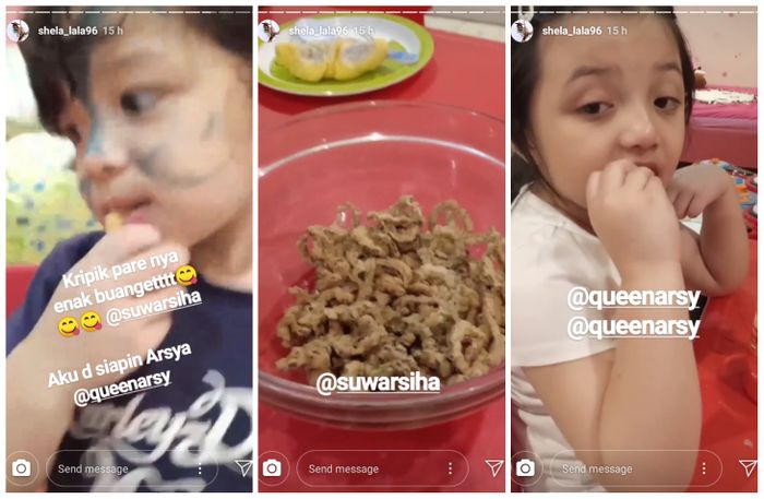 Arsy dan Arsya lahap makan keripik pare
Instagram story/@shela_lala96