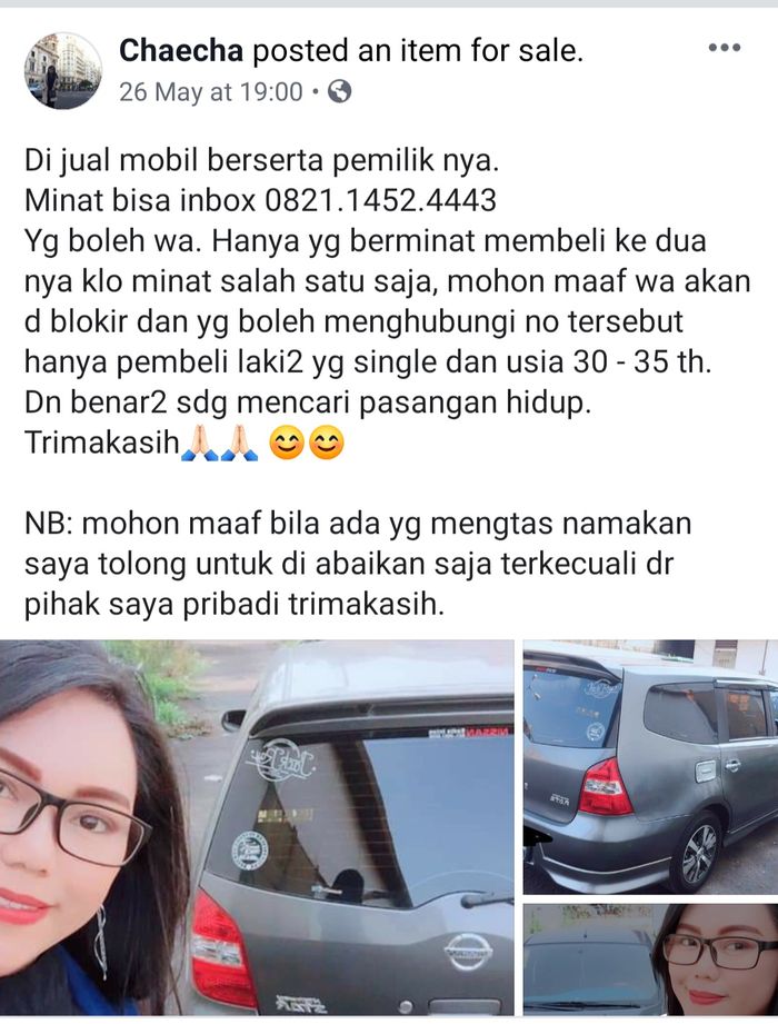 Unggahan wanita yang menjual mobil sekaligus dirinya sendiri