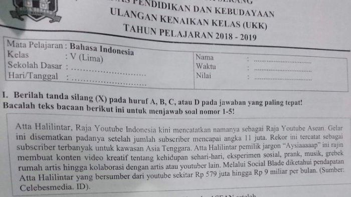 Soal Ujian yang mencantumkan nama Atta Halilintar