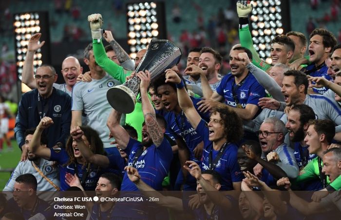 Chelsea sukses memenangkan trofi Liga Europa usai mengalahkan Arsenal 4-1 pada pertandingan final di Stadion Baku, Azerbaijan, Rabu (29/5/2018)