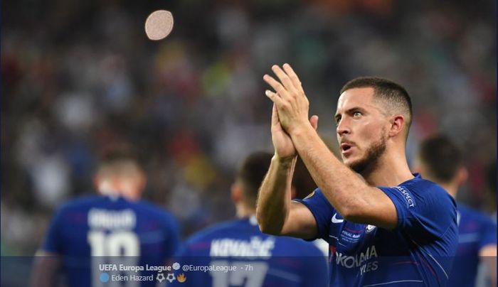 Bintang Chelsea, Eden Hazard, merayakan golnya dalam final Liga Europa kontra Arsenal, 29 Mei 2019 di Stadion Olimpiade Baku, Azerbaijan.