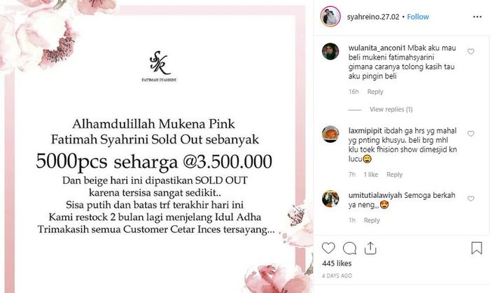 Harga mukena Syahrini.
Tangkap layar Instagram/syahreino.27.02