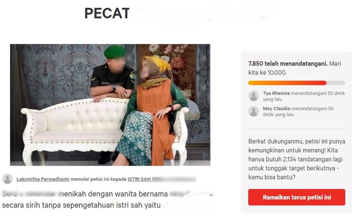 Petisi istri sah untuk suaminya yang anggota TNI agar dipecat karena nikah siri dengan wanita lain.