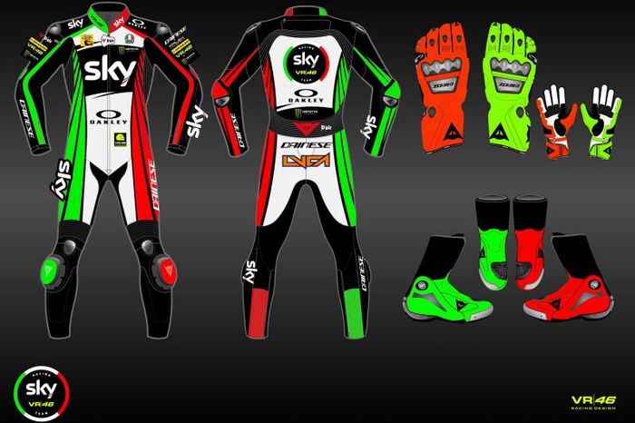 Tampilan pakaian balap yang akan dipakai tim balap Valentino Rossi, Sky Racing Team VR46, pada ajang Moto2 dan Moto3 Italia 2019 di Sirkuit Mugello, 31 Mei-2 Juni.