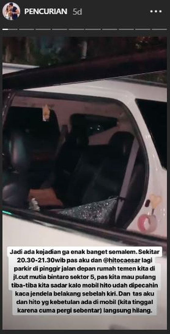 Kondisi mobil Hito Caesar usai kerampokan. (Instagram/felicyangelista_)