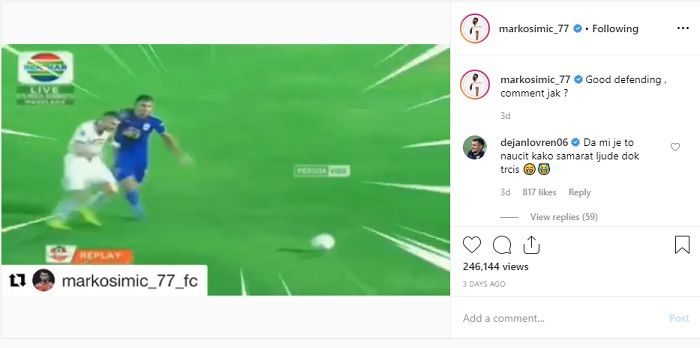 Unggahan Instagram Marko Simic yang dikomentari bek Liverpool, Dejan Lovren.