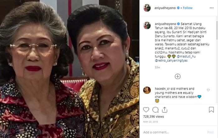 Potret mendiang Ani Yudhoyono bersama sang ibunda, Sunarti Sri Hadiyah, yang diunggah pada Mei 2018 silam.