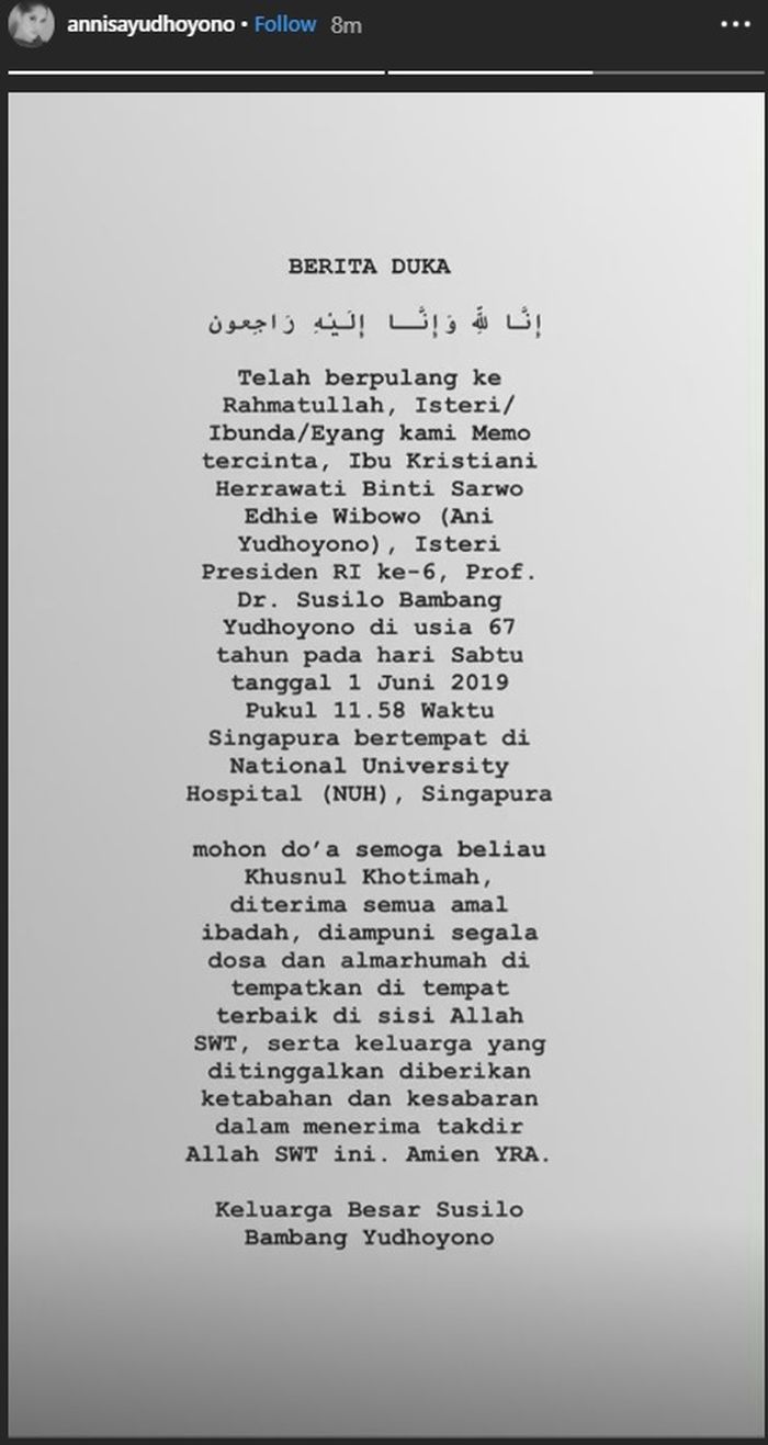 Annisa Pohan kabarkan berita duka meninggalnya sang mertua