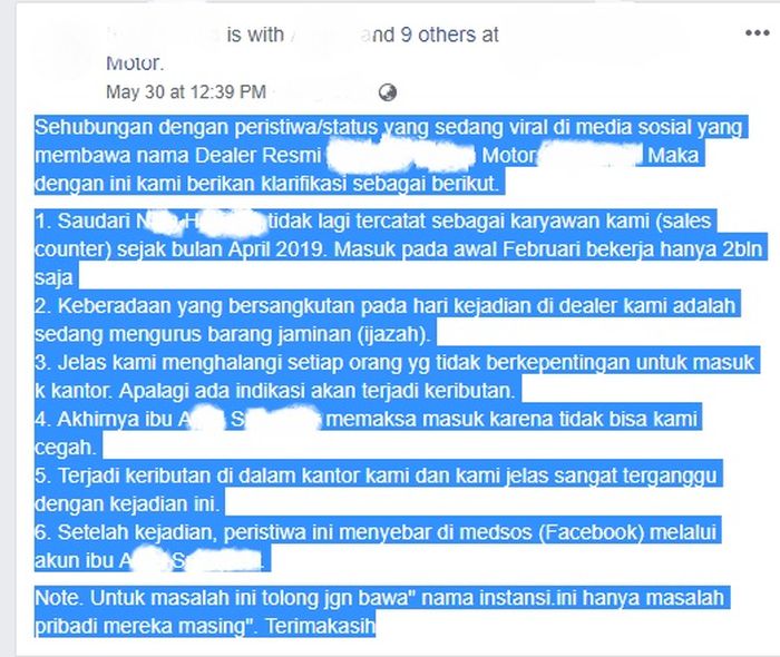 Klarifikasi dari pihak dealer motor. (Facebook IP)
