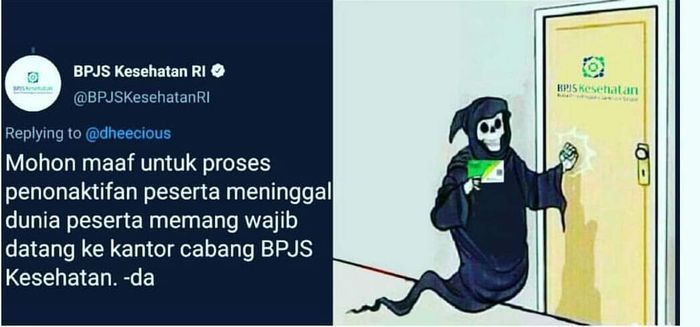 
meme yang dibuat oleh netizen menanggapi cuitan Twitter BPJS