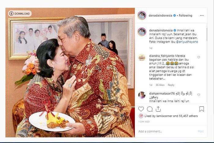 Denada mengucapkan belasungkawa atas meninggalnya Ani yudhoyono. 