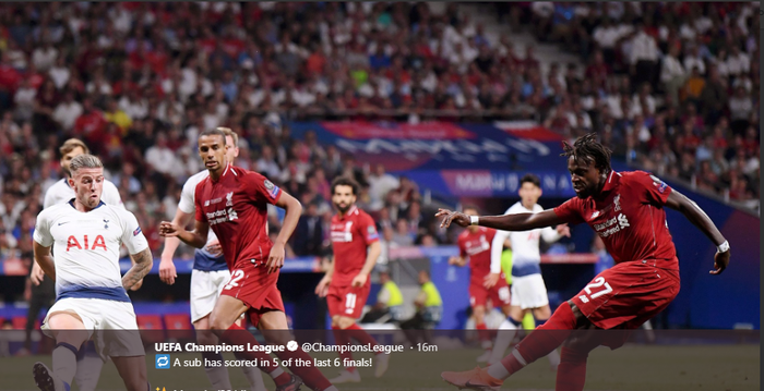 Penyerang Liverpool, Divock Origi, mencetak gol kedua timnya yang menang 2-0 atas Tottenham Hotspur dalam laga final Liga Champions, Sabtu (1/6/2019) di Stadion Wanda Metropolitano, Madrid.
