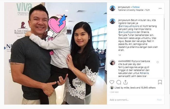 Mantan suami Denada, Jerry Aurum tulis kalimat belasungkawa atas meninggalnya Ani Yudhoyono. 