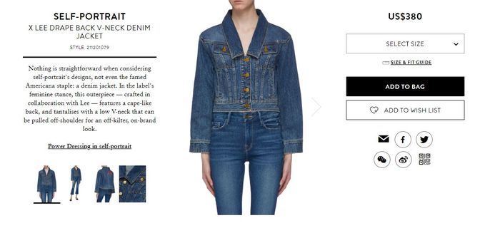 Harga jaket jeans SelfPortrait x Lee Drape Back V-Neck Denim Jacket