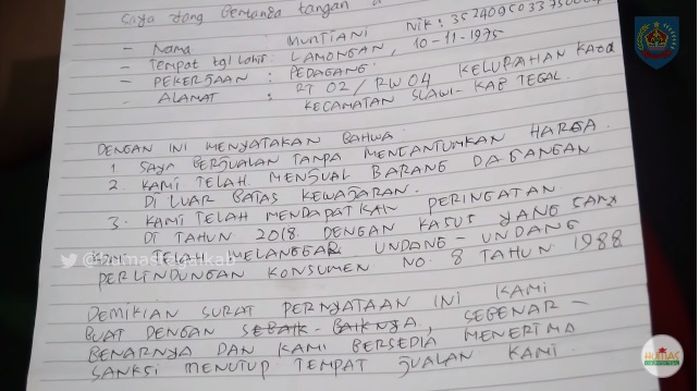 Pernyataan yang ditulis Bu Anny, pemilik warung lesehan di Tegal yang viral.