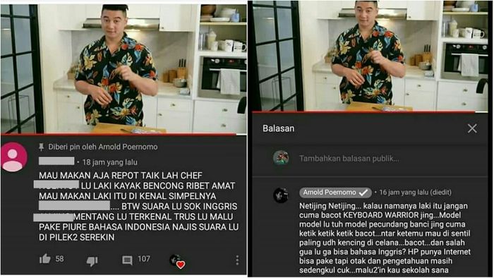 Balasan Chef Arnold terhadap iktirad menyengat netizen di YouTube.