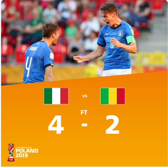 Italia mengalahkan Mali 4-2 di babak perempat final Piala Dunia U-20 2019, Jumat (7/6/2019) di Tychy, untuk meraih tiket ke semifinal.