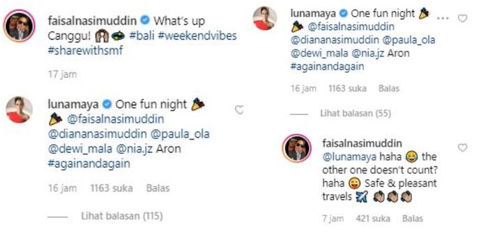 Luna Maya dan Faisal Nasimuddin saling berbalas komentar di Instagram.