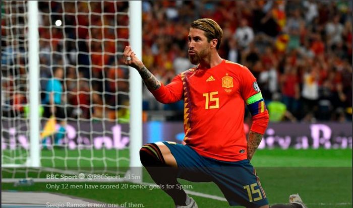 Selebrasi Sergio Ramos setelah mencetak gol untuk timnas Spanyol ke gawang Swedia dalam laga kualifikasi Piala Eropa 2020 di Santiago Bernabeu, 10 Juni 2019.