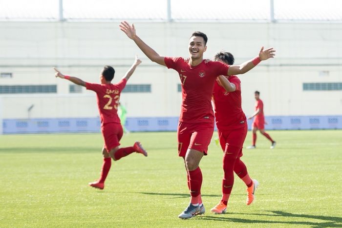 Pemain timnas U-23 Indonesia, Muhammad Rafli saat merayakan golnya ke gawang timnas U-23 Filipina di Stadion Jalan Besar, Singapura, Minggu (9/6/2019).