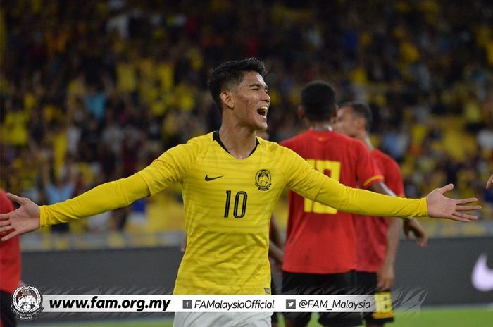 Selebrasi penyerang timnas Malaysia, Shahrel Fikri Fauzi yang mencetak tiga gol saat mereka menang 5-1 atas tuan rumah Timor Leste pada leg kedua babak pertama Kualifikasi Piala Dunia 2022/Piala Asia 2023 di Stadion Nasional Bukit Jalil, Kuala Lumpur, 11 Juni 2019. 