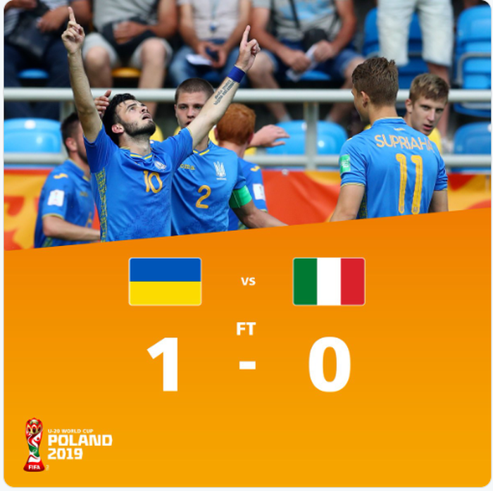 Ukraina lolos ke final Piala Dunia U-20 2019 setelah mengalahkan Italia 1-0 di babak semifinal, Selasa (11/6/2019) di Gdynia.