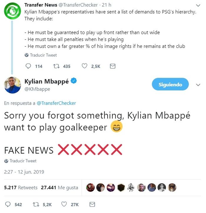 Balasan cuitan dari Kylian Mbappe.