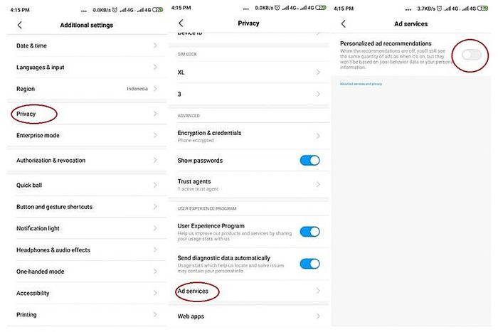 Ilustrasi langkah mematikan Ad Services di MIUI