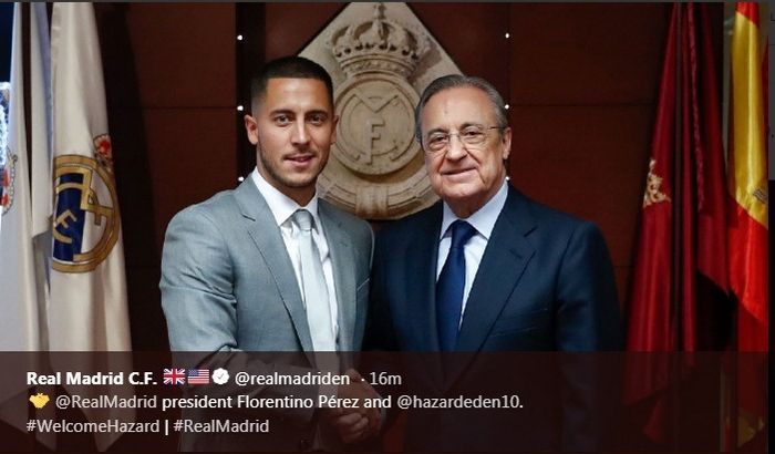 Eden Hazard dan Presiden Real Madrid, Florentino Perez, saat diperkenalkan pada Kamis (13/6/2019).