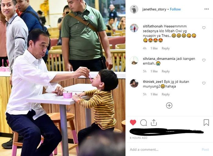 Presideng Jokowi yang sedang menyuapi Jan Ethes es krim hingga kompak berpose manyun.