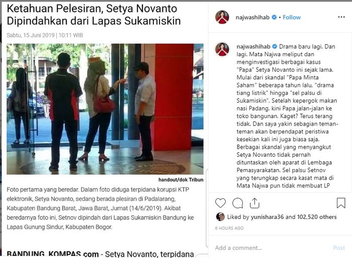 Tanggapan Najwa Shihab soal pemindahan Setya Novanto.