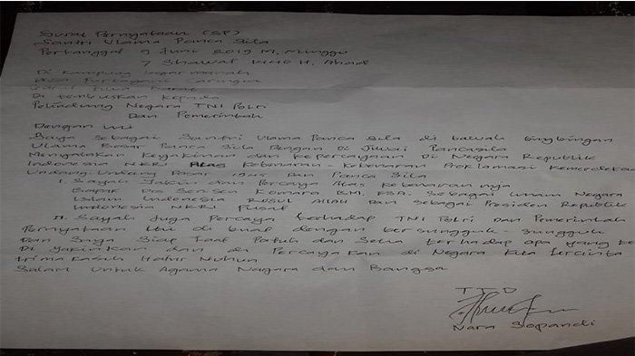 Surat pernyataan yang dibuat Hamdani.