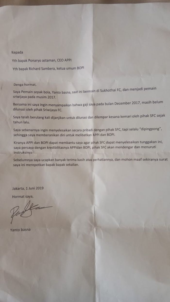 Surat dari Yanto Basna yang dikirimkan kepada APPI dan BOPI terkait piutang kepada Sriwijaya FC.