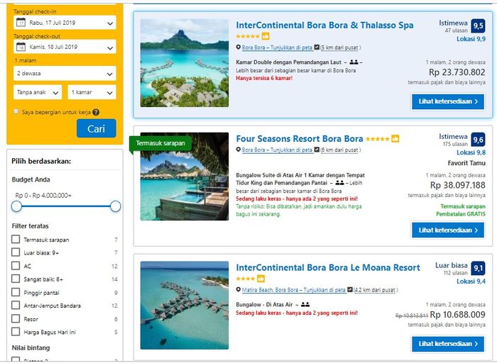 Harga sewa resort di Bora-bora untuk dua orang.