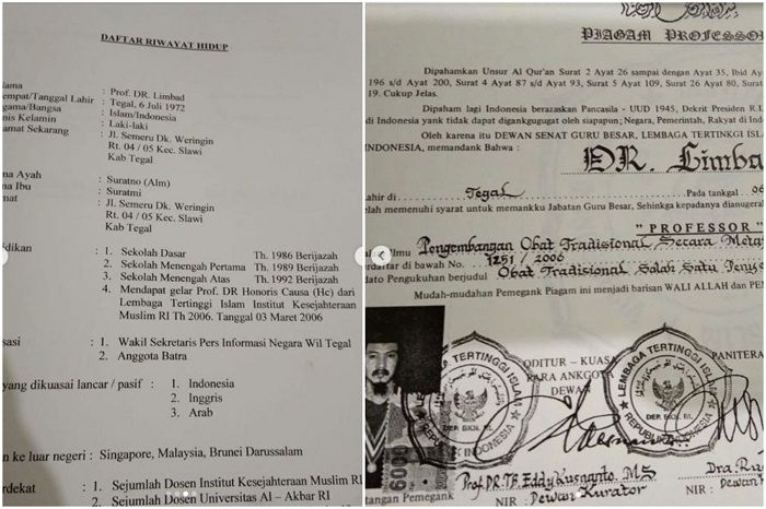 Daftar riwayat hidup dan surat pengukuhan gelar profesor untuk Limbad